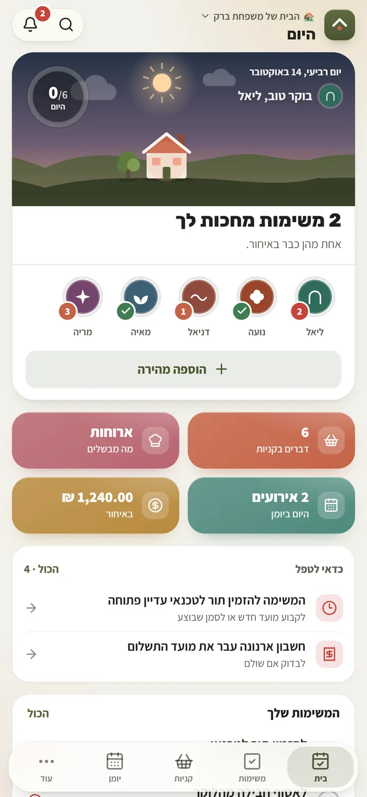 מסך היום של RAVO: המשימות של כל אחד בבית, הקניות, האירועים והחשבונות